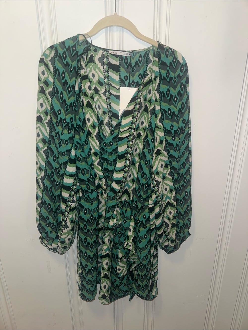 Zara Green Patterned Long Sleeve Wrap Dress with Tie Waist
